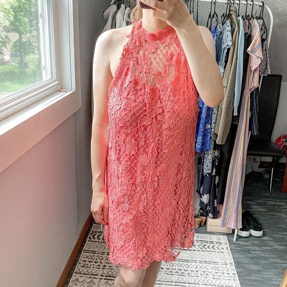 Free People Snowdrop Lace Halter Trapeze Mini Dress Coral L - Picture 1 of 11